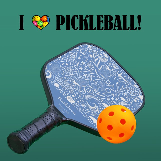 Cool Ocean Blue Pattern + Monogram Add Text Pickleball Paddle (Creator Uploaded)