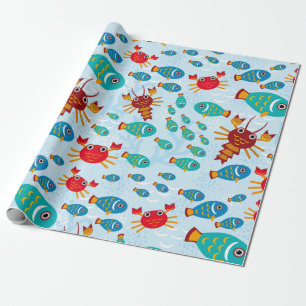 Cool Ocean Marine Life Fish and Crab Blue Wrapping Paper