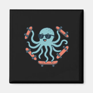 Cool Octopus Skateboarding Cartoon Magnet
