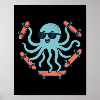 Cool Octopus Skateboarding Cartoon Poster