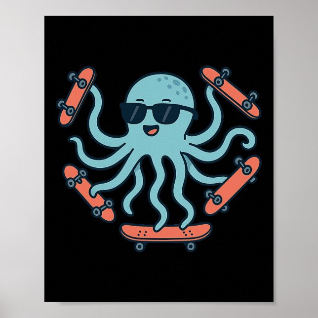 Cool Octopus Skateboarding Cartoon  Poster (Front)