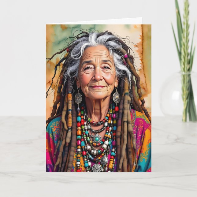 Cool Old Lady in Dread Locks Hippie Woman Birthday Card (Front)