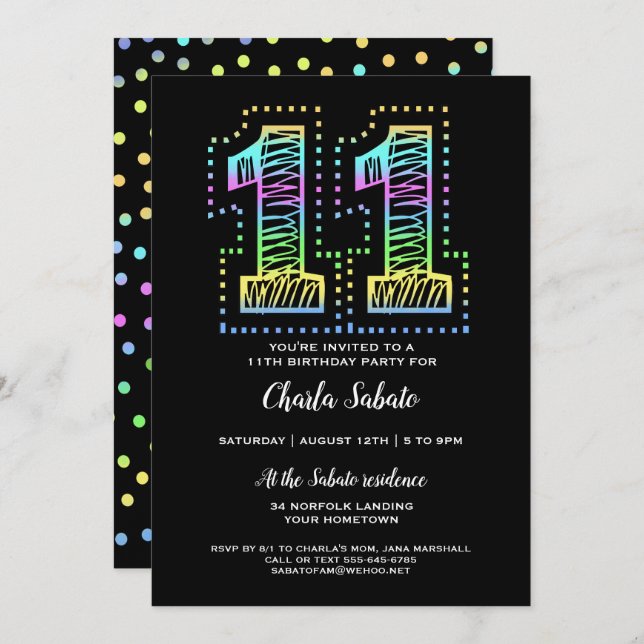 Cool on Black Fun 11th Birthday Party Invitation (Front/Back)