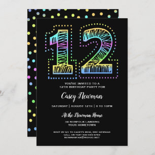 Cool on Black Fun 12th Birthday Party Invitation