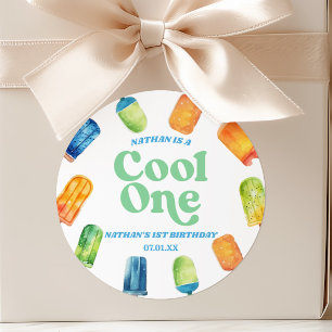 Cool One Blue Retro Popsicle 1st Birthday Party Classic Round Sticker