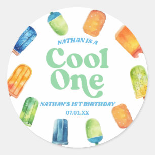 Cool One Blue Retro Popsicle 1st Birthday Party Classic Round Sticker