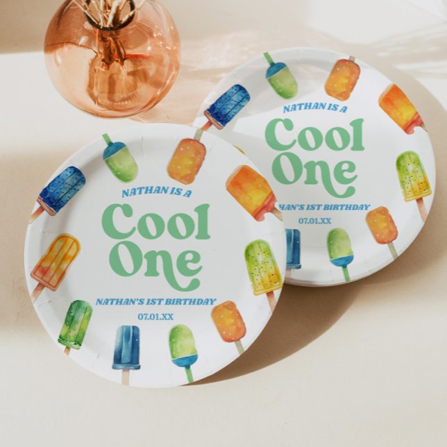 Cool One Blue Retro Popsicle 1st Birthday Party Paper Plate (Creator Uploaded)