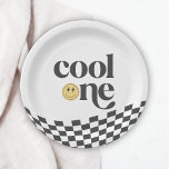 Cool One Boy's First Birthday Chequered Retro Paper Plate<br><div class="desc">One cool dude is turning one! Celebrate your little boys big day in style with our retro chequered happy face disposable plates,  featuring wavy checkers and a rad happy face.</div>