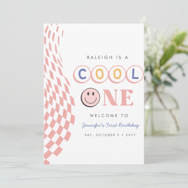 Cool One Girl's First Birthday Chequered Retro Invitation (Standing Front)