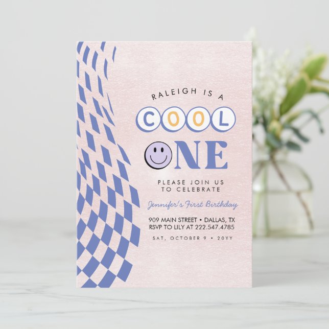 Cool One Girl's First Birthday Chequered Retro Invitation (Standing Front)