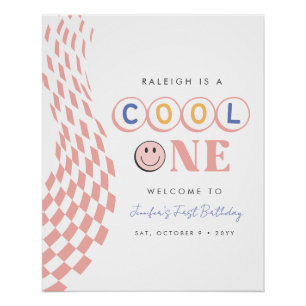 Cool One Girl's First Birthday Chequered Retro Poster
