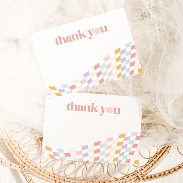 Cool One Girl's First Birthday Chequered Retro Thank You Card (Creator Uploaded)