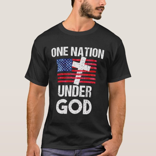 Cool One Nation Under God Funny Usa Flag Cross Pat T-Shirt (Front)