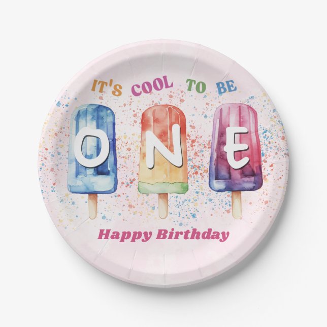 Cool One Pink Popsicle 1st Birthday Party Paper Plate (Front)