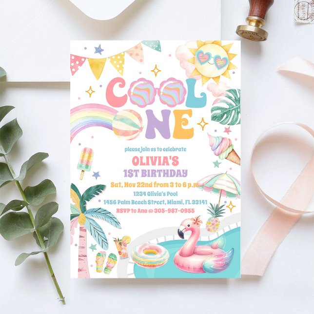 Cool One Rainbow Pool Birthday Invitation (Creator Uploaded)
