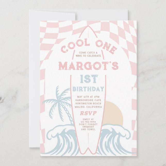 Cool One Surf Surfboard 1st Birthday Party Invitation (Front)
