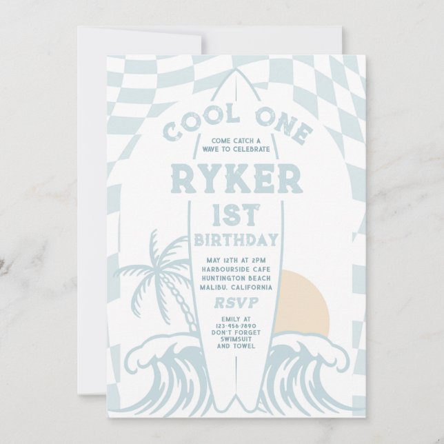 Cool One Surf Surfboard 1st Birthday Party Invitation (Front)