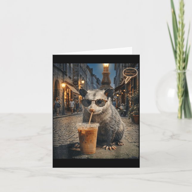 Cool Opossum Drinking Iced Coffee Funny Night Card (Front)
