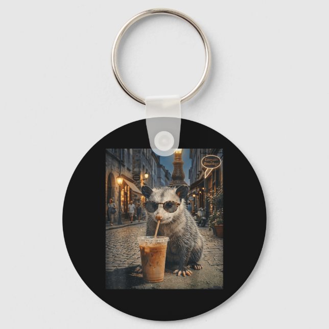 Cool Opossum Drinking Iced Coffee Funny Night Key Ring (Front)