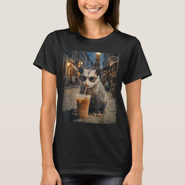 Cool Opossum Drinking Iced Coffee Funny Night T-Shirt (Front)