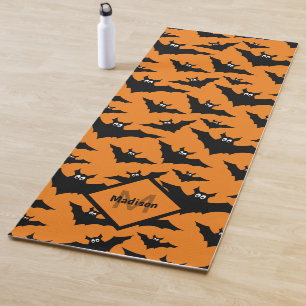 Cool orange black bats Halloween pattern Monogram Yoga Mat