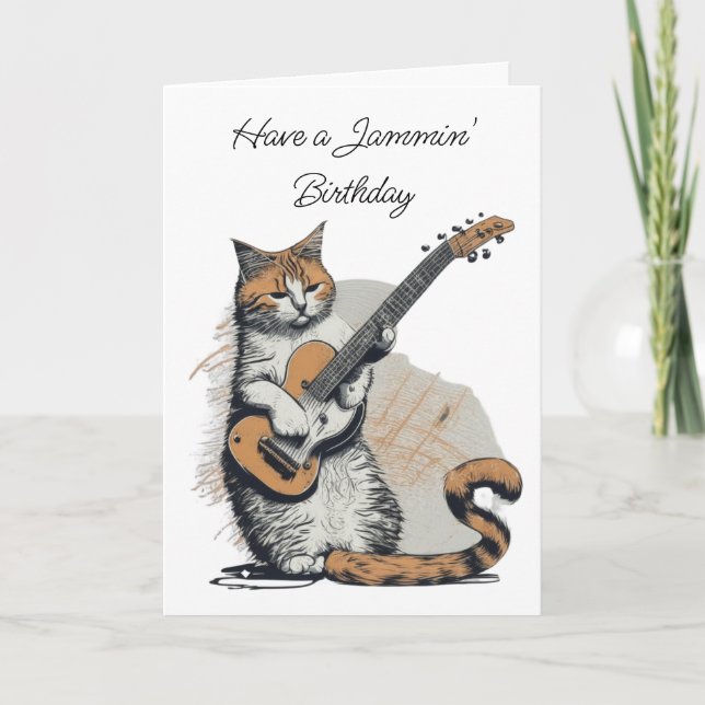 Cool Orange Cat Jamming on the Guitar Card (Front)
