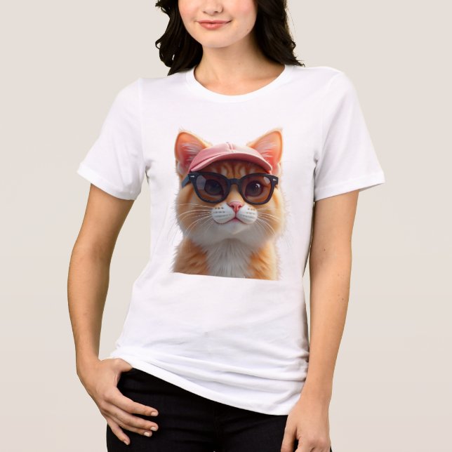 Cool orange cat wearing sunglasses and a pink base Tri-Blend shirt (Front)