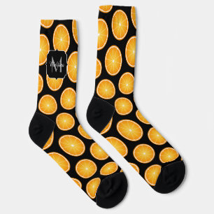 Cool Orange fruit slices pattern black Monogram Socks