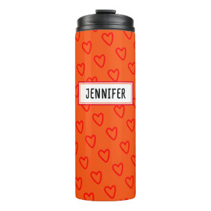 Cool Orange Red Hearts Pattern Back To School Name Thermal Tumbler