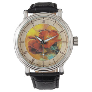Cool oriental chinese red poppy flower watercolor watch