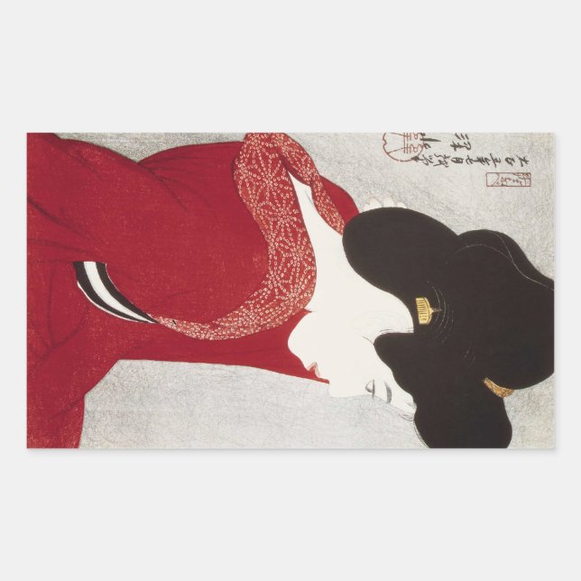 Cool oriental classic geisha lady woodprint art rectangular sticker (Front)