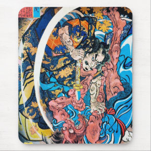 Cool oriental japanese Ancient Samurai demon Fight Mouse Pad