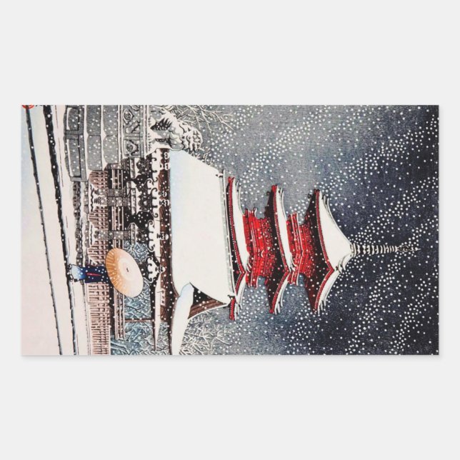 Cool oriental japanese Kawase winter scenery art Rectangular Sticker (Front)