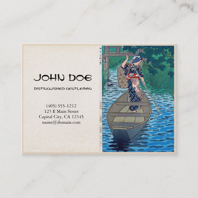 Cool oriental japanese lake fisherman lady boat business card (Front)