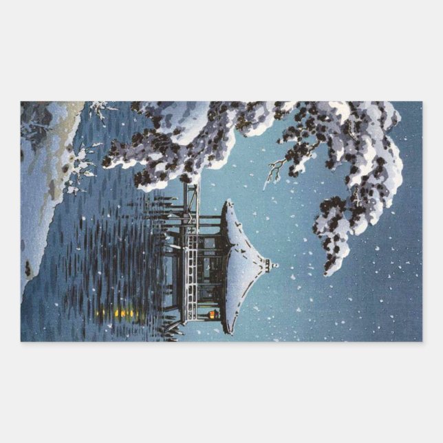 Cool oriental japanese river side winter scene art rectangular sticker (Front)