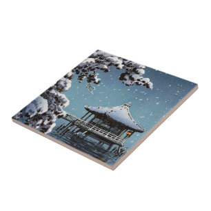 Cool oriental japanese river side winter scene art tile