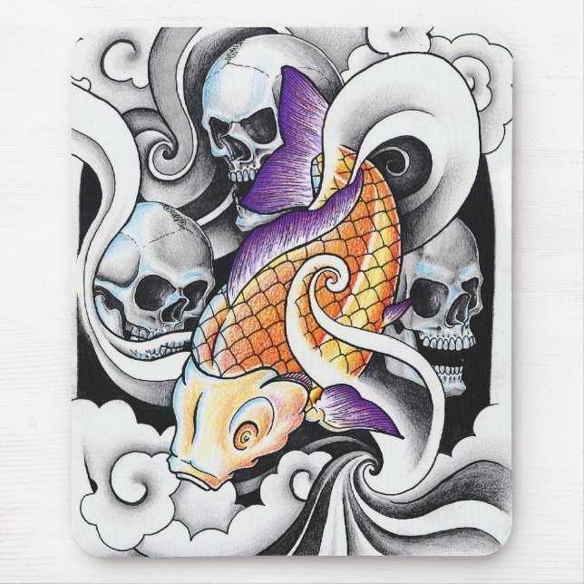 Cool Oriental Koi Carp Skull tattoo Mouse Pad (Front)