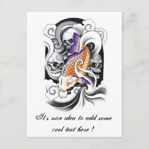 Cool Oriental Koi Carp Skull tattoo Postcard