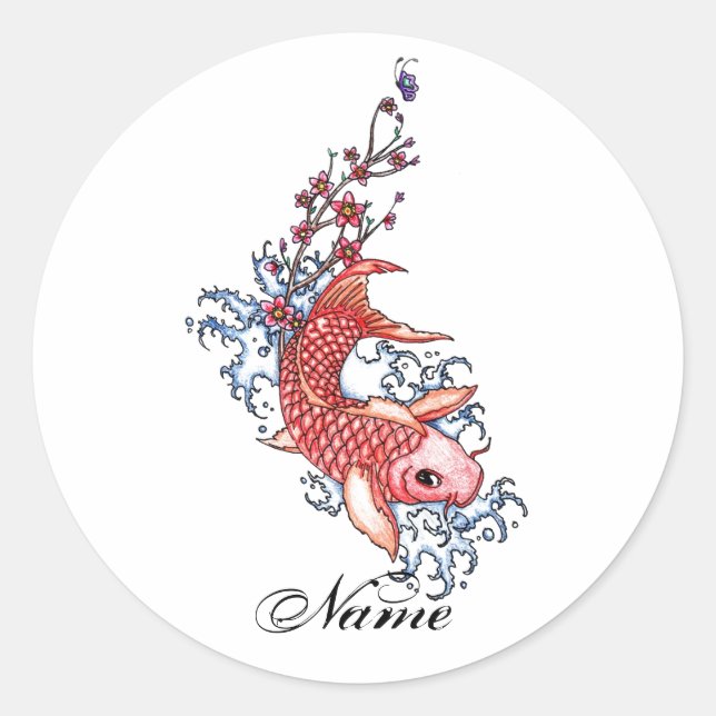 Cool Oriental Red Koi Carp Fish flowers tattoo Classic Round Sticker (Front)