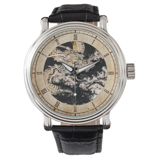 Cool oriental ukiyo-e mythical ink dragon painting watch (Front)