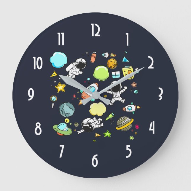 Cool Outer Space Astronauts & Rockets Pattern Large Clock (Front)