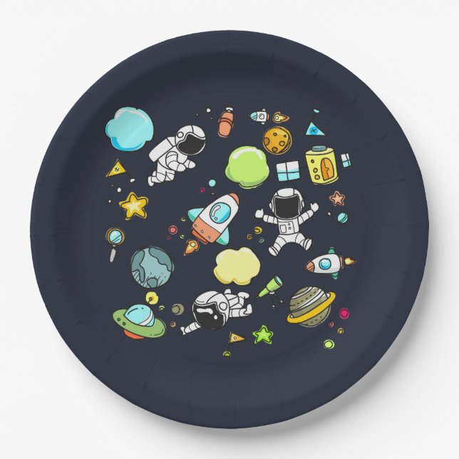 Cool Outer Space Theme - Astronauts & Rocket Ships Paper Plate (Front)