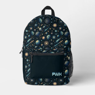 Cool Outer Space Themed Custom Monogram Initials Printed Backpack