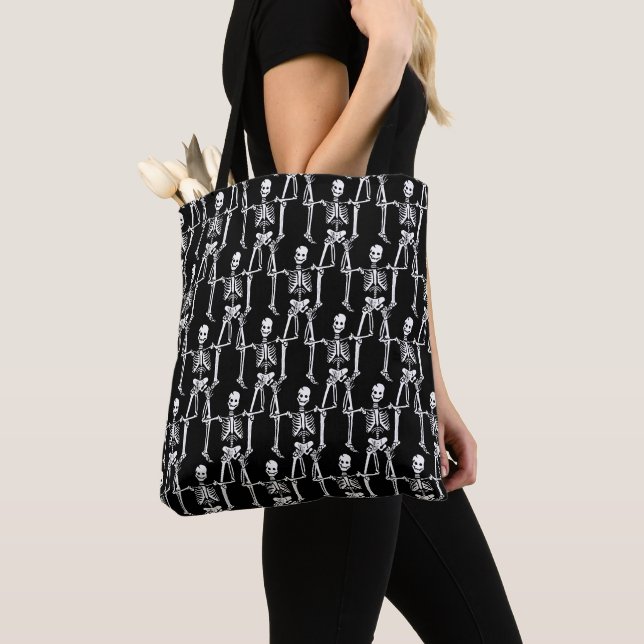 Cool Overlapping Skeletons Pattern on Black Tote Bag (Close Up)