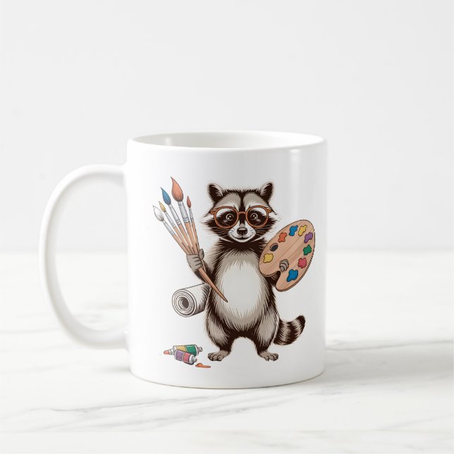 Cool Painter Racoon Illustration Coffee Mug (Left)