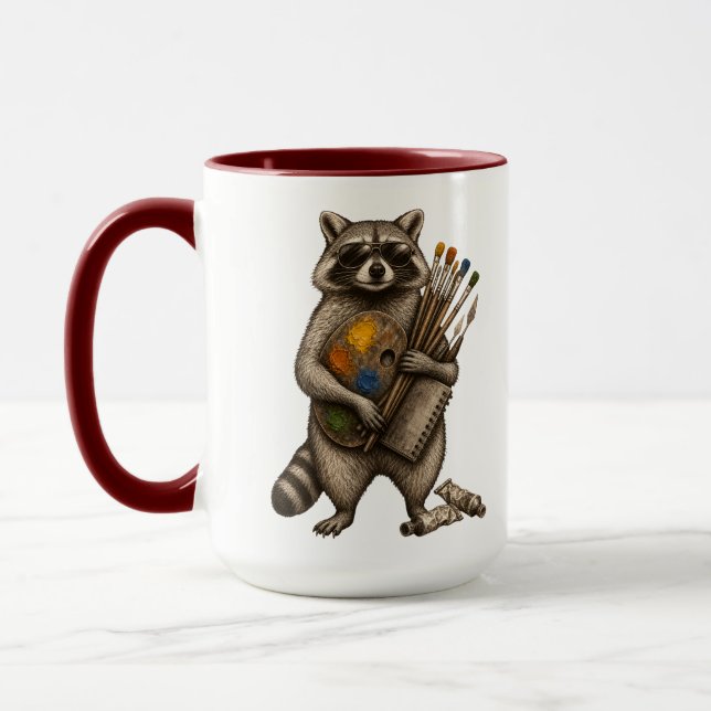 Cool Painter Racoon Illustration Mug (Left)