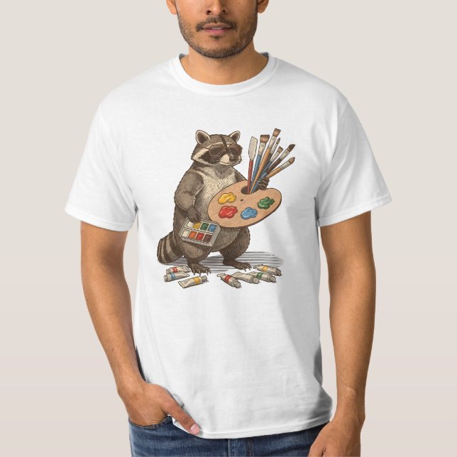 Cool Painter Racoon Illustration T-Shirt (Front)