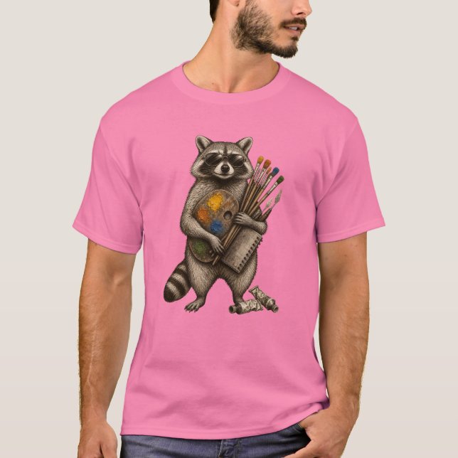 Cool Painter Racoon Illustration T-Shirt (Front)
