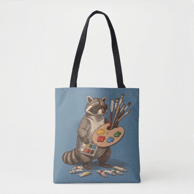 Cool Painter Racoon Illustration Tote Bag (Front)