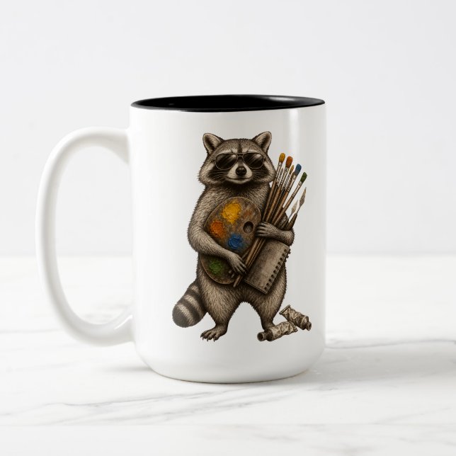 Cool Painter Racoon Illustration Two-Tone Coffee Mug (Left)